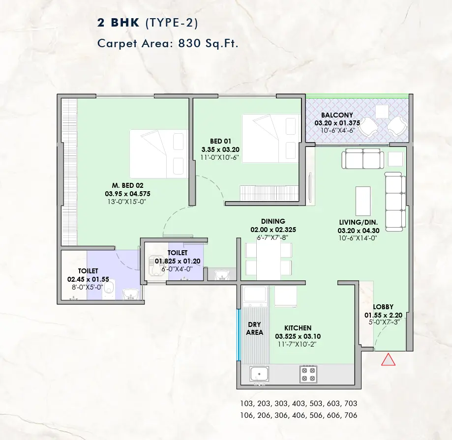 Vision Ekaan 2 BHK Floor Plan Type 2 – 830 Sq Ft